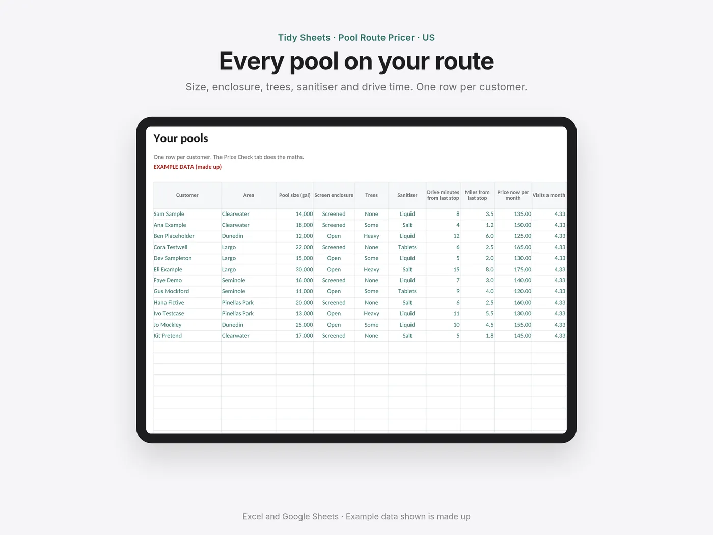 The Price Check tab of the Pool Route Pricer spreadsheet